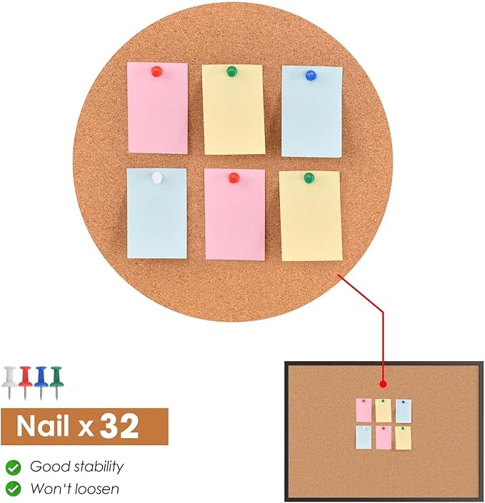 Board2by 2-Pack Cork Board Bulletin Board 18“ x 24”, Black Wood Framed Corkboard, Office Board for Wall Cork, Large Wall Mounted Notice Pin Board with 32 Push Pins for School, Home & Office