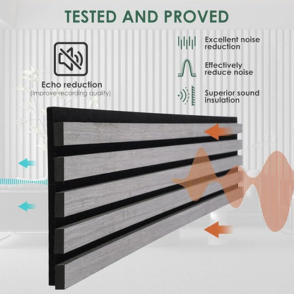 VallisCo 4-Piece Wood Slat Acoustic Panels for Stylish Interior Decor & Noise Reduction - 94.5" x 7.87" 3D Solid Wood Wall Panels for Ceiling and Wall, Covers 20.66 Sq Ft, Grey Oak