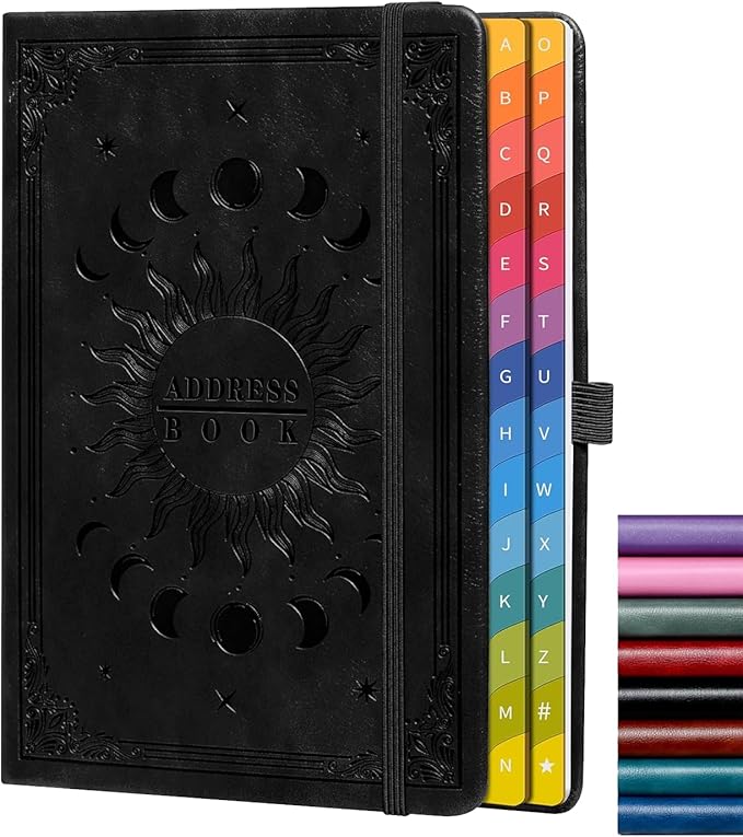 Address Book with Colorful Alphabetical Tabs (8.4" x 5.7") – Hardcover Contact Organizer for Website Passwords, Telephone, Software Licenses, and Important Information – Black