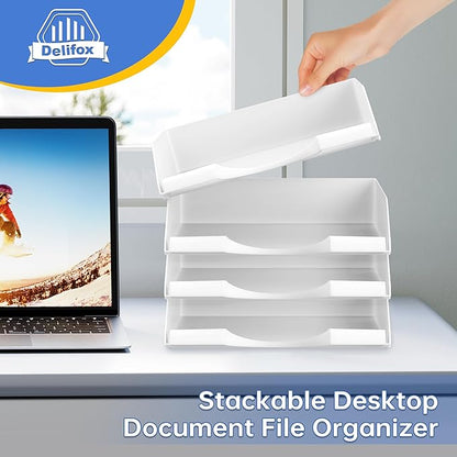 4 Pack Stackable Paper Trays for Letter Documents, Desktop File Organizers for Office Supplies, Stackable Desk Tray Holder for Paper Storage, White