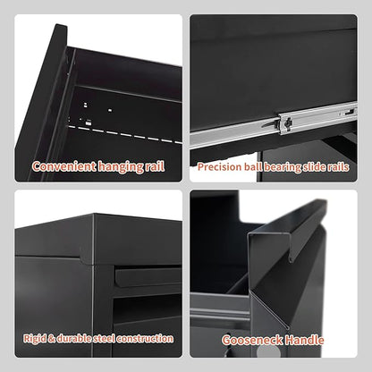 IKIMI 4 Drawer Locking File Cabinet with Wheels,Black Metal Mobile Filing Cabinets,Vertical File Cabinet for Home Office,Rolling Storage Cabinet for A4/Letter/Legal Size File,Assembly Required