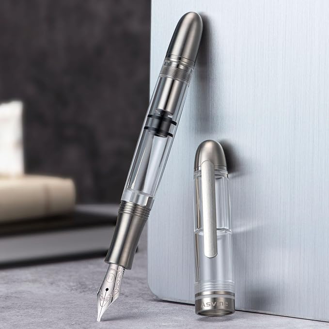 Asvine P36 Titanium Fountain Pen Piston Filling, Stub Nib 1.1mm Calligraphy Art Drawing Clear Demonstrator Acrylic with Case Set