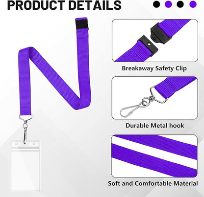 24-Pack Purple Breakaway Lanyards with Waterproof Badge Holders, Polyester Neck Straps for ID Cards, Events, Office, and Schools