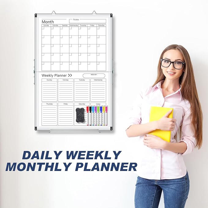 Lincia Dry Erase Calendar for Wall Undated Dry Erase Calendar Planner Aluminum Frame Whiteboard for Home Office Projects Wall Fridge (Vertical Monthly and Weekly,24" X 32")