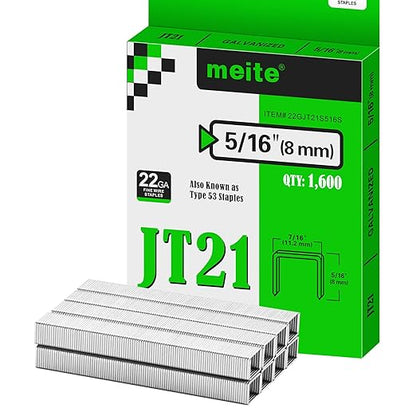 meite JT21 Staples, 5/16 Inch Galvanized Fine Wire Staples for Staple Gun - 1,600 Counts, 7/16" Crown JT21 Staple Refill, Ideal for Upholstery, Crafts, Furniture