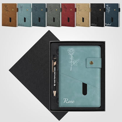 ENOMY Personalized Notebook & Pen Set PU Leather Custom A5 Notebook with Lock 200 Lined Paper Pages Luxury Gift Box for Men Women Travel College Business Gift, Light Blue