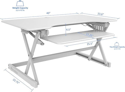 Rocelco 40" Large Height Adjustable Standing Desk Converter with Dual Monitor Stand BUNDLE - Quick Sit Stand Up Computer Workstation Riser - Retractable Keyboard Tray - White (R DADRW-40-DMS)