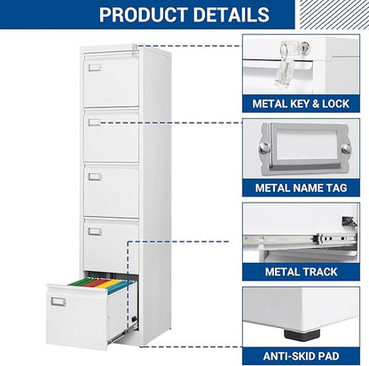 Fesbos File Cabinets - 5 Drawers Vertical 17.8" Deep Lockable Filing Cabinet - White Metal Storage Cabinets for Home Office to Hanging Files Letter/Legal/F4/A4 Size