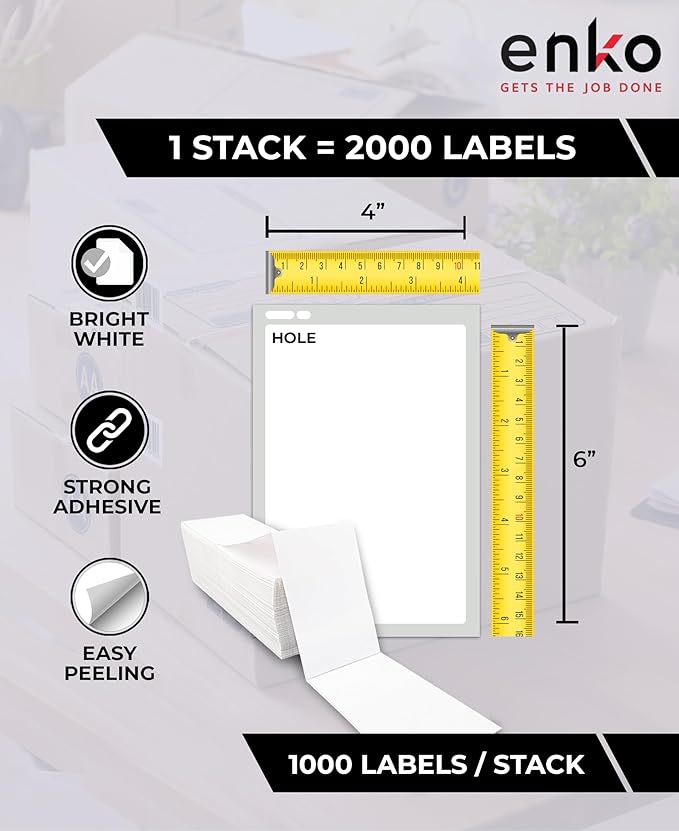 enKo 1 Stack/2000 Labels 4" x 6" Fanfold Direct Thermal Label Compatible for Rollo Zebra Printer - Shipping, Mailing, Postage, Perforated, Permanent Adhesive (2 Labels/Fold)