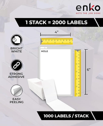 enKo 1 Stack/2000 Labels 4" x 6" Fanfold Direct Thermal Label Compatible for Rollo Zebra Printer - Shipping, Mailing, Postage, Perforated, Permanent Adhesive (2 Labels/Fold)