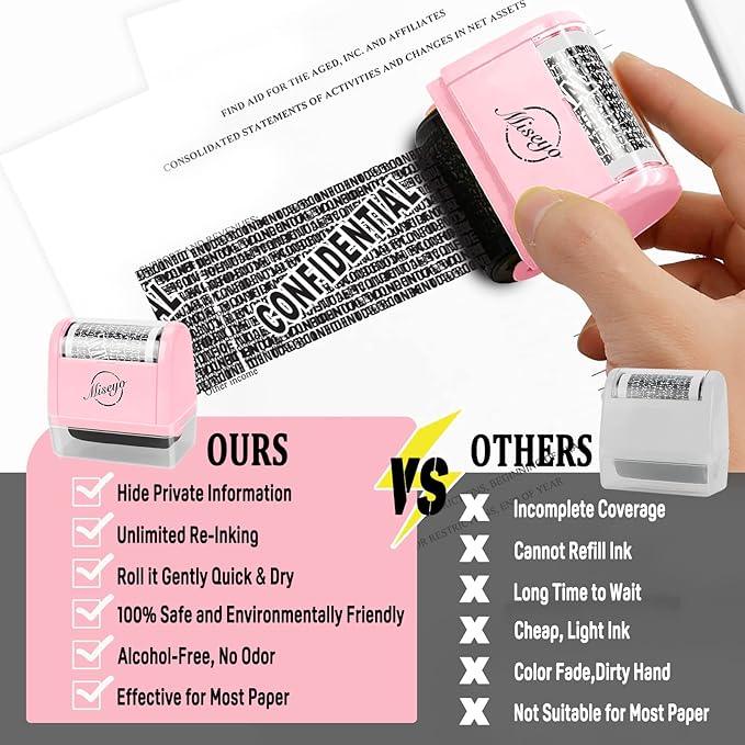 Miseyo Identity Theft Protection Roller Stamp Set - Pink (6 Refill Ink Incleded)