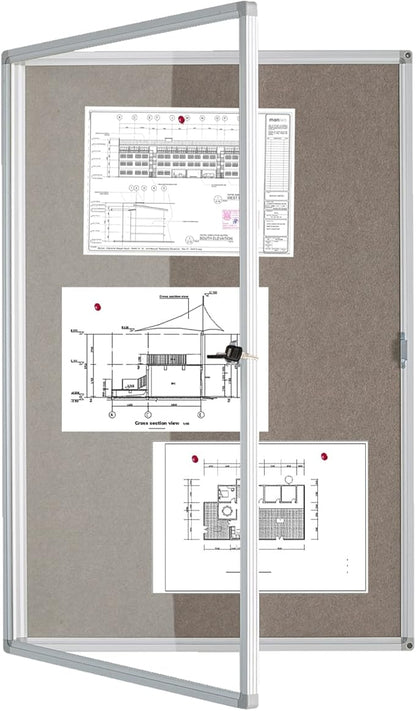 BIBOC Enclosed Felt Bulletin Board 36x24 inch Lockable Cork Noticeboard Display Cases Tamperproof Notice Poster Memo Board with Class Aluminum Frame (Felt, 24×36 inches)