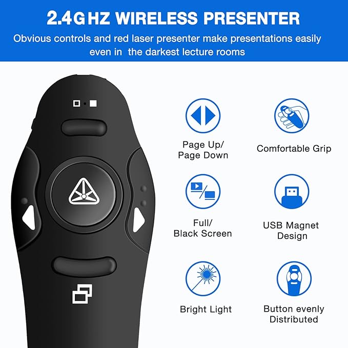 Rechargeable Presentation Clicker Wireless Presenter Remote USB Control Powerpoint PPT Clicker, Red Laser Pointer RF 2.4GHz Presenter Remote Slide Advancer for Computer/Laptop/Mac/Keynote