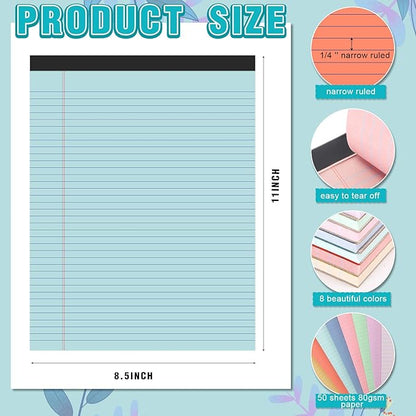 Fuutreo 8 Pcs 8.5'' x 11'' Colored Legal Pad Writing Pads Narrow Ruled 50 Sheets Per Notepad Perforated Writing Notepad Office Supplies for College Office Business (Candy Color)