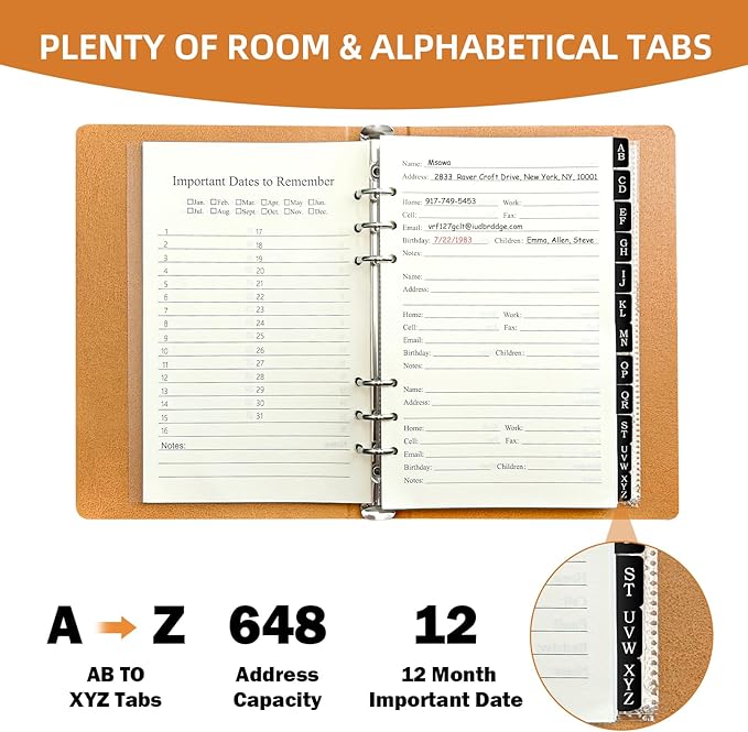 Refillable Address Book Binder with Alphabetical Tabs, 648 Entry Space Large Print Telephone Book, PU Leather Contact Book with Tabs & Pockets & Pen for Seniors Office Home