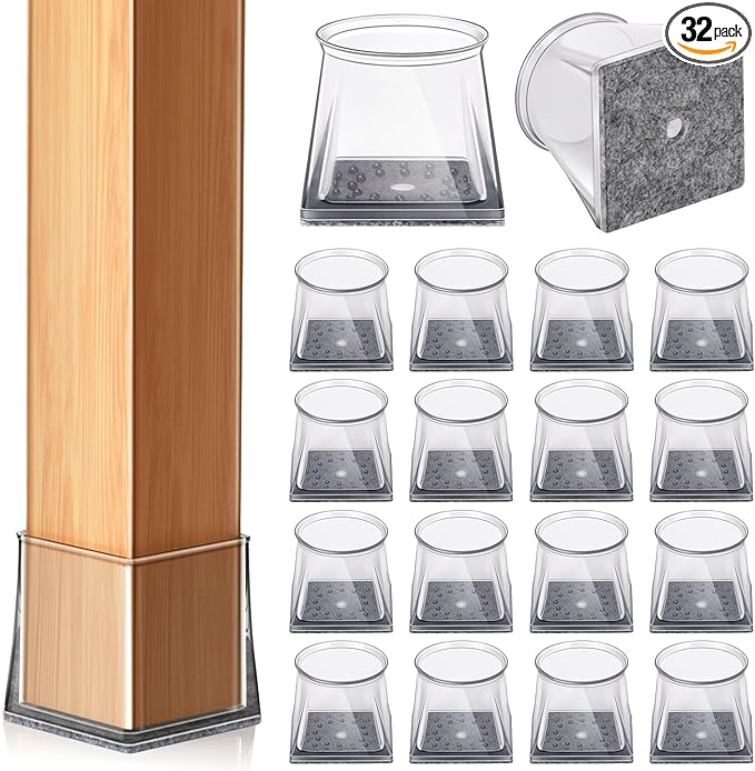 32 Pcs Square Chair Leg Floor Protectors for Hardwood Floors, Clear Silicone Chair Leg Caps Covers Sliders, Floor Protectors for Chairs, Protect Floors (M Fits: 1-1/16" to 1-5/16")