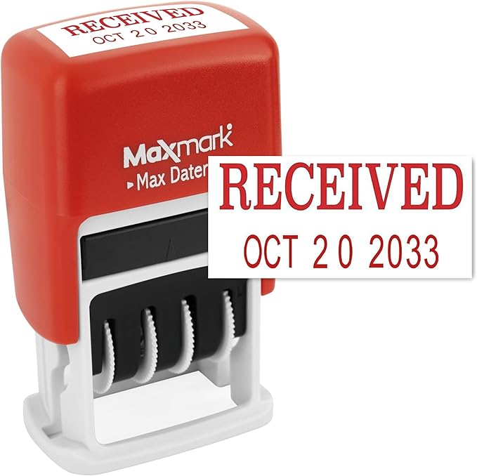 MaxMark Self-Inking Rubber Date Office Stamp with Received Phrase & Date - RED Ink (Max Dater II), 12-Year Band