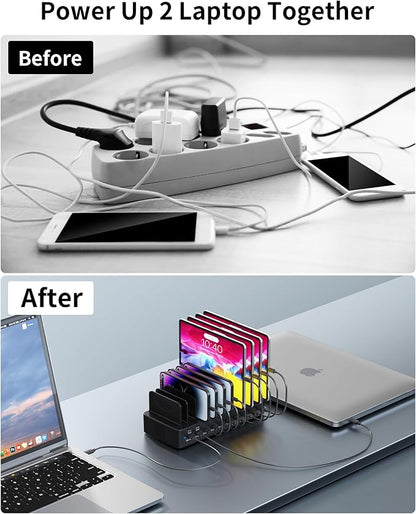 415W Charging Station for Multiple Devices, 10-Port USB C Fast Charger Station, Dual PD 100W Charging Dock with Adjustable Dividers & 6 Cables-Device Organizer for Laptop MacBook, iPhone, iPad