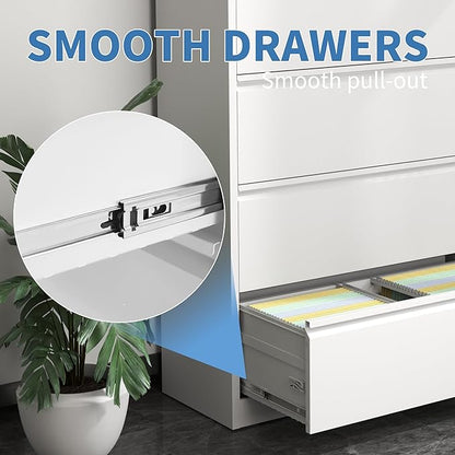 FLIXELIO 5 Drawer Metal Office Storage Filing Cabinet with Lock, White Lateral File Cabinet for Home Office, Horizontal Locking for Legal/Letter/A4, Assembly Required