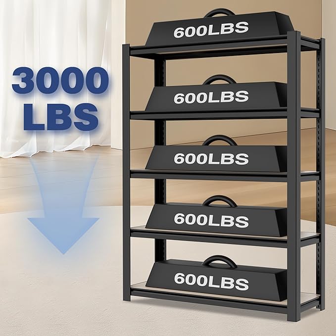 WORKPRO House 3000lbs 5-Tier Shelving Unit, 72" H Adjustable Storage Shelves, Boltless Book Shelf, Shelf Organizer for Kitchen, Living Room, Bathroom, Wood Grain Pattern, Waterproof Board, Black