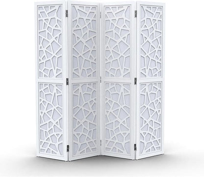 VINGLI 70'' H Room Divider, Non-Woven Fabric Privacy Screen, Indoor Partition Wall Dividers, Freestanding Hinged Space Separator with Modern Unique Pattern (White, 4 Panel)