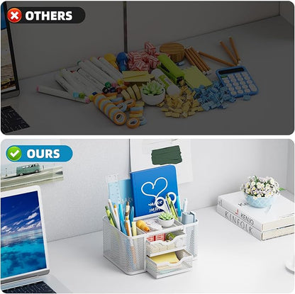 Marbrasse Mesh Desk Organizer, Pen Organizer with 2 Drawer, Multi-Functional Pencil Holder, Desk Organizers and Accessories with 5 Compartments + Drawer for Office Art Supplies (White)