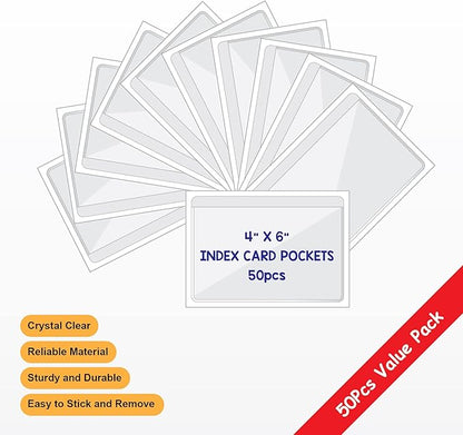 Clear Adhesive 4" x 6" Index Card Pockets with Top Open for Loading, 50 Pack, Plastic Labels Holders for Storage Bins and Library Card, Organizing and Protecting Your Index Cards or Photos