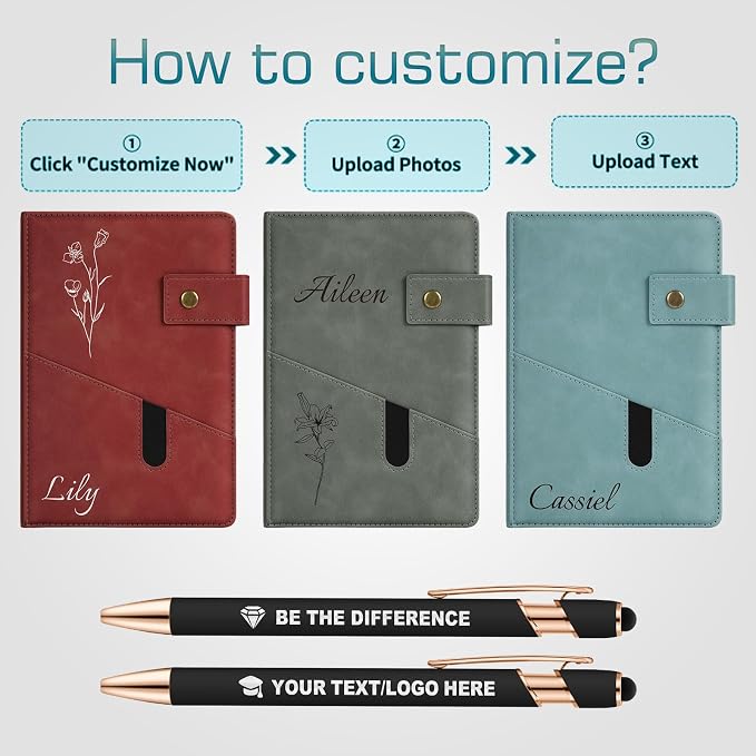 ENOMY Personalized Notebook & Pen Set PU Leather Custom A5 Notebook with Lock 200 Lined Paper Pages Luxury Gift Box for Men Women Travel College Business Gift, Black