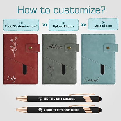ENOMY Personalized Notebook & Pen Set PU Leather Custom A5 Notebook with Lock 200 Lined Paper Pages Luxury Gift Box for Men Women Travel College Business Gift, Black
