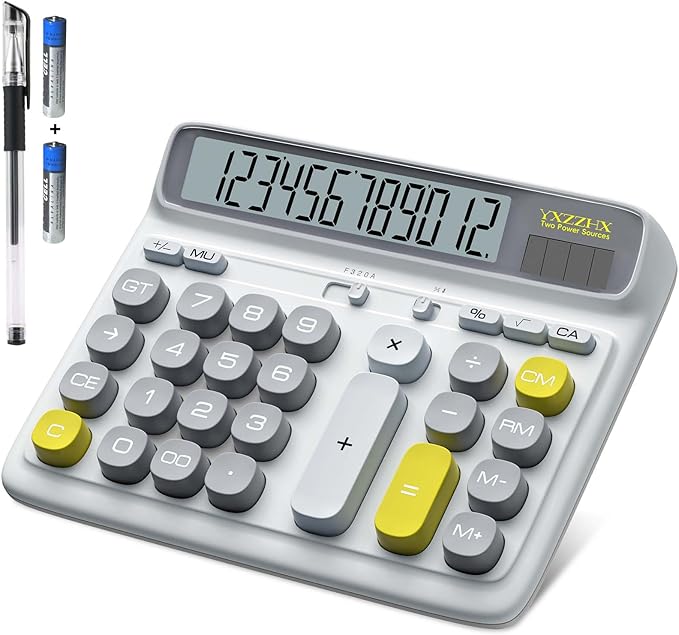 Desktop Calculator with Extra Large 5-Inch LCD Display, 12-Digit Two Way Power Solar & Battery Office Calculator with Big Buttons for Business, Accounting & Home Use(White)