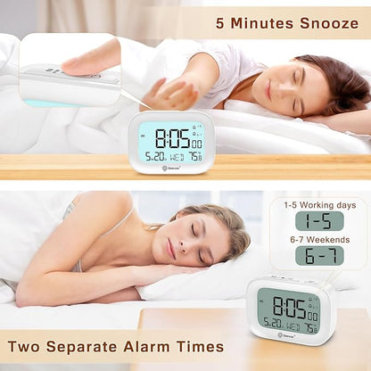 Geevon Small Travel Alarm Clock, Digital Alarm Clocks for Bedrooms Home Office, Battery Operated Desk Clock with 3 Inch Large Display, 2 Alarms, 5s Backlight, Snooze, Indoor Temperature, White