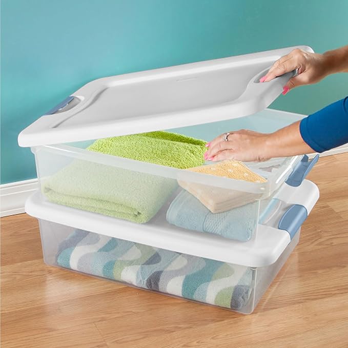 Sterilite 12-Pack Latching Box, Under Bed Storage Bins with Lids, Clear Plastic, 32 Quart - Heavy-Duty Organizing Containers for Closet, Bathroom, and Office