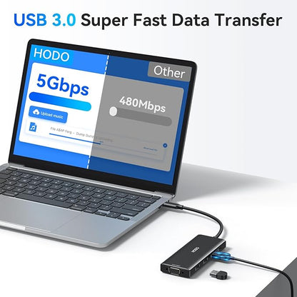 HODO USB C Docking Station Dual Monitor Adapter for Dell HP, Laptop Docking Station 3 Monitors Quad Display USB C Hub Dongle to 2 HDMI 4K,DP 8K, VGA,4 USB,PD, Adapter 9 in 1 Laptop Dongle