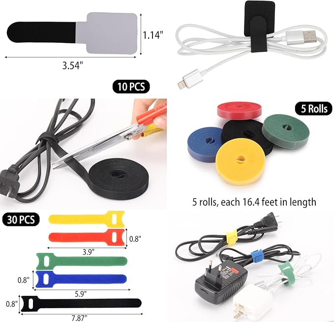 604 Pcs Cable Management Kit, 4 Cord Organizer Sleeve, 7 Cable Holder, 38 Adhesive Cord Clips, 40 Pcs+5 Roll Cable Organizer Straps 200 Cable Ties 300 Cable Wire Clips for PC TV Under Desk