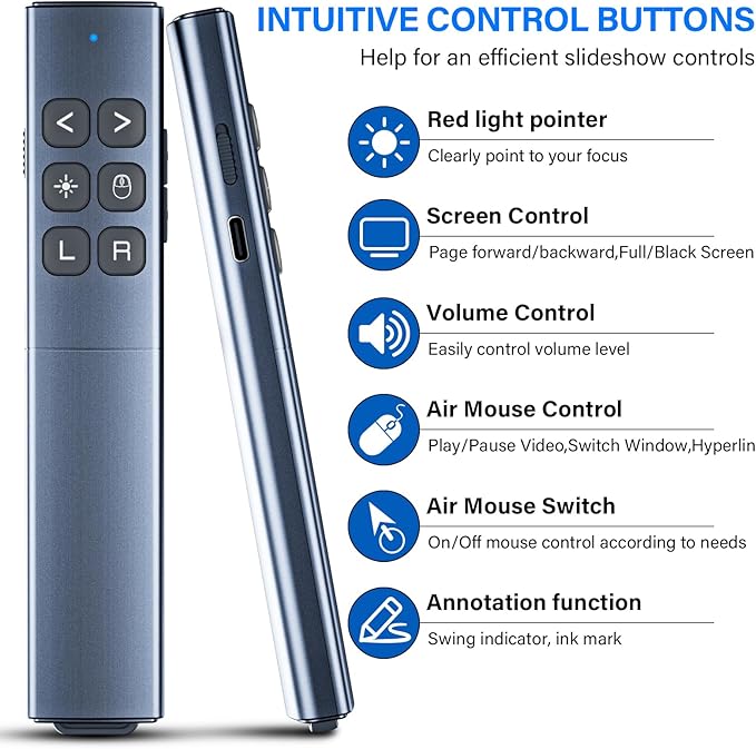Presentation Clicker with Air Mouse - USB C Wireless Presenter Remote Clicker with Light Pointer, RF 2.4GHz PowerPoint Clicker for Presentation, Computer Pointer Clicker Slide Advancer for Mac,Laptop