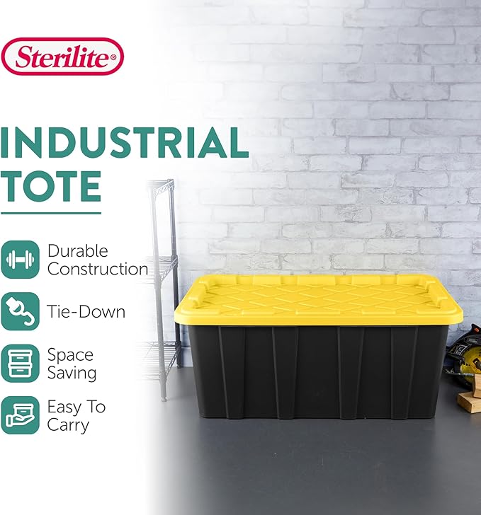Sterilite 4-Pack Industrial Tote, Plastic Storage Container Bins with Lids, 38 Gallon - Heavy-Duty Organizing Containers for Closet, Bathroom, and Office