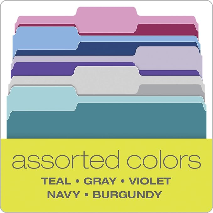 Pendaflex Two Tone Color File Folders, Letter Size, Assorted Colors (Teal, Violet, Gray, Navy and Burgundy), 1/3-Cut Tabs, 5 Color, 100/Box, (02315)