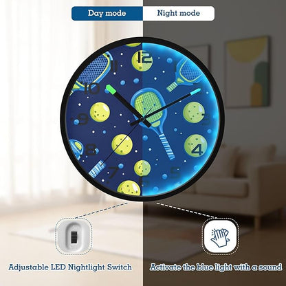 Vozoza Pickleball Game Sports 12 Inch Analog Wall Clocks Battery-Operated with Led Lights for Living Room Bedroom Kitchen Office Decor, Battery Not Included
