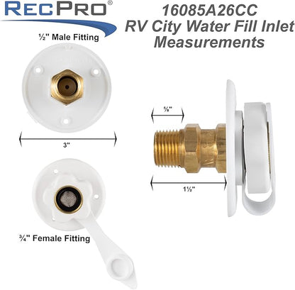 RecPro RV White City Water Fill Inlet Flange Brass with Check Valve | Made in America (No Hose Elbow)