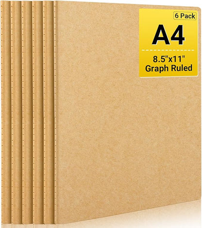EUSOAR Graph Notebook, 6 Packs Large A4 8.5" x 11" 40 Sheets/ 80 Pages, 100gsm Thick Paper Kraft Journal Notebook, Student Sketchbook Composition Diary Subject Notebooks Planner Journal