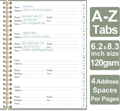 Address Book with Alphabetical Tabs - A5 Telephone & Address Book with Address Contacts, Special Date, Phone, Birthday & Internet Login Password for Home and Office, 6.2" x 8.5", Green
