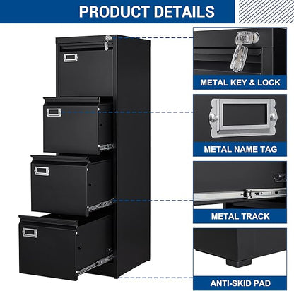 Fesbos File Cabinet - 4 Drawers Vertical 17.8" Deep Lockable Filing Cabinet Black Metal Storage Cabinets for Home Office to Hanging Files Letter/Legal/F4/A4 Size