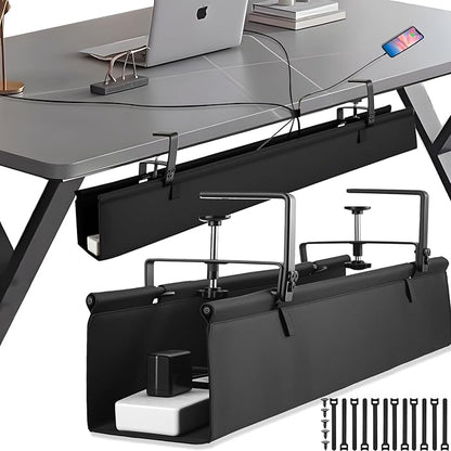 Desk Cable Management Tray, Fabric Cable Organizer, No Drill Large Clamp/Screw Mount Wire Organizer-Support Up to 30lbs, Standing Desk Cable Management for Office Home (Black,48 Inch)