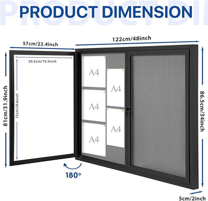 SWANCROWN Enclosed Bulletin Board 48x36in, Outdoor Bulletin Board Weatherproof for Office School Commerce, Grey Felt, Black Aluminum Frame