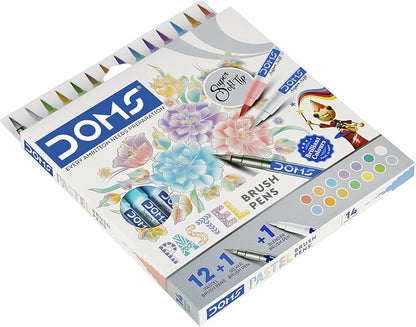 Doms Super Soft Tip Pastel Shades Brush Pen Set | 12 Pastel + 1 Silver + 1 Blender | Ideal for Doodling, Illustrations, Calligraphy, Artists & Professionals | Pack of 1