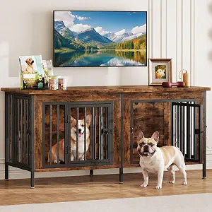54" Dog Crate Furniture for 2 Dogs with Divider, Rustic Brown