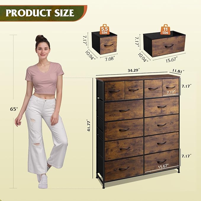 WLIVE Tall Dresser for Bedroom with 12 Drawers, Dressers & Chests of Drawers, Fabric Dressers for Closet, Storage Dresser Organizer with Steel Frame, Wood Top, Rustic Brown Wood Grain Print
