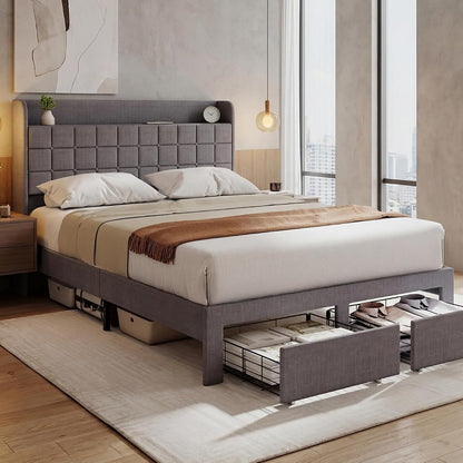 Full Bed Frame, Upholstered Platform Bed Frame with Storage Drawers