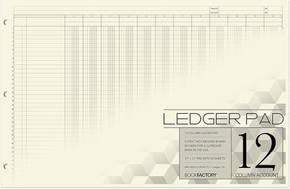 BookFactory Ledger Pad/Large 12 Column Accounting Ledger Columnar (Twelve Columns) Pads - 17'' x 11'', 50 Pages, Notepad Landscape Format (Made in USA)