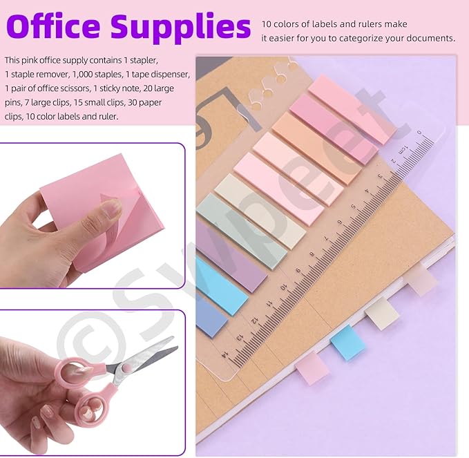 Swpeet 9Pcs Pink Office Supplies Kit, Desk Accessories Including Stapler, Tape Dispenser, Staple Remover, Tabs, Scissors, Staples, Tape, Clips and Sticky Note Ideal for Office and School